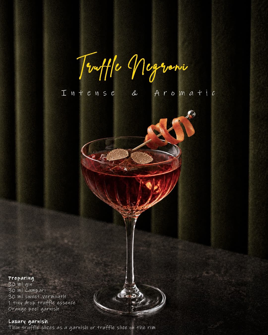 Truffle Negroni coupe with orange peel and truffle slices on dark velvet